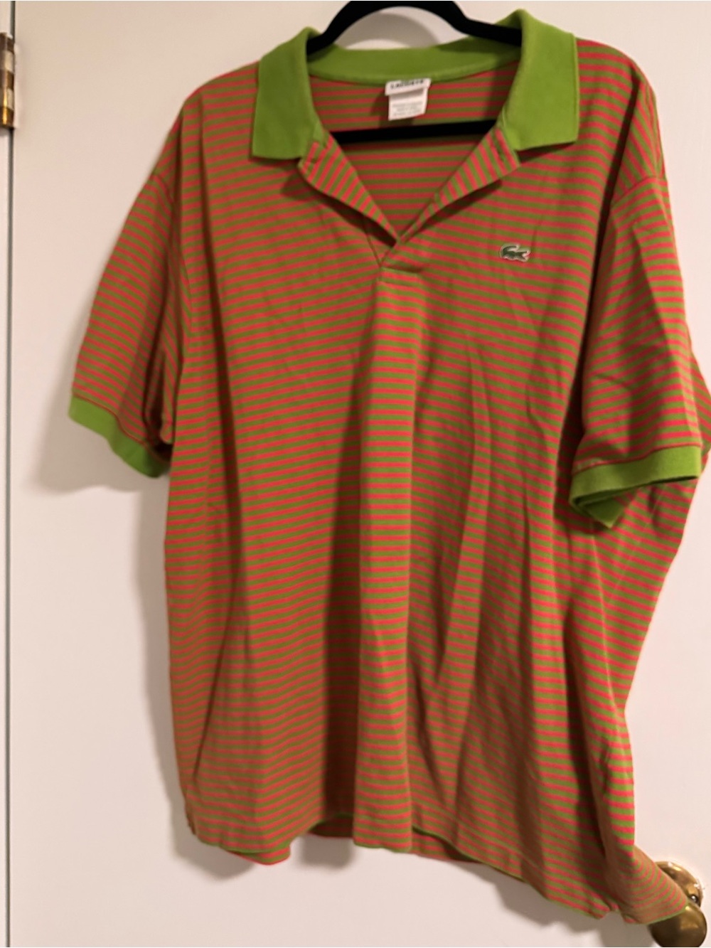 Vintage Lacoste Mens Red Green Striped Polo Shirt Size 8 XXL Short Sleeve Collar